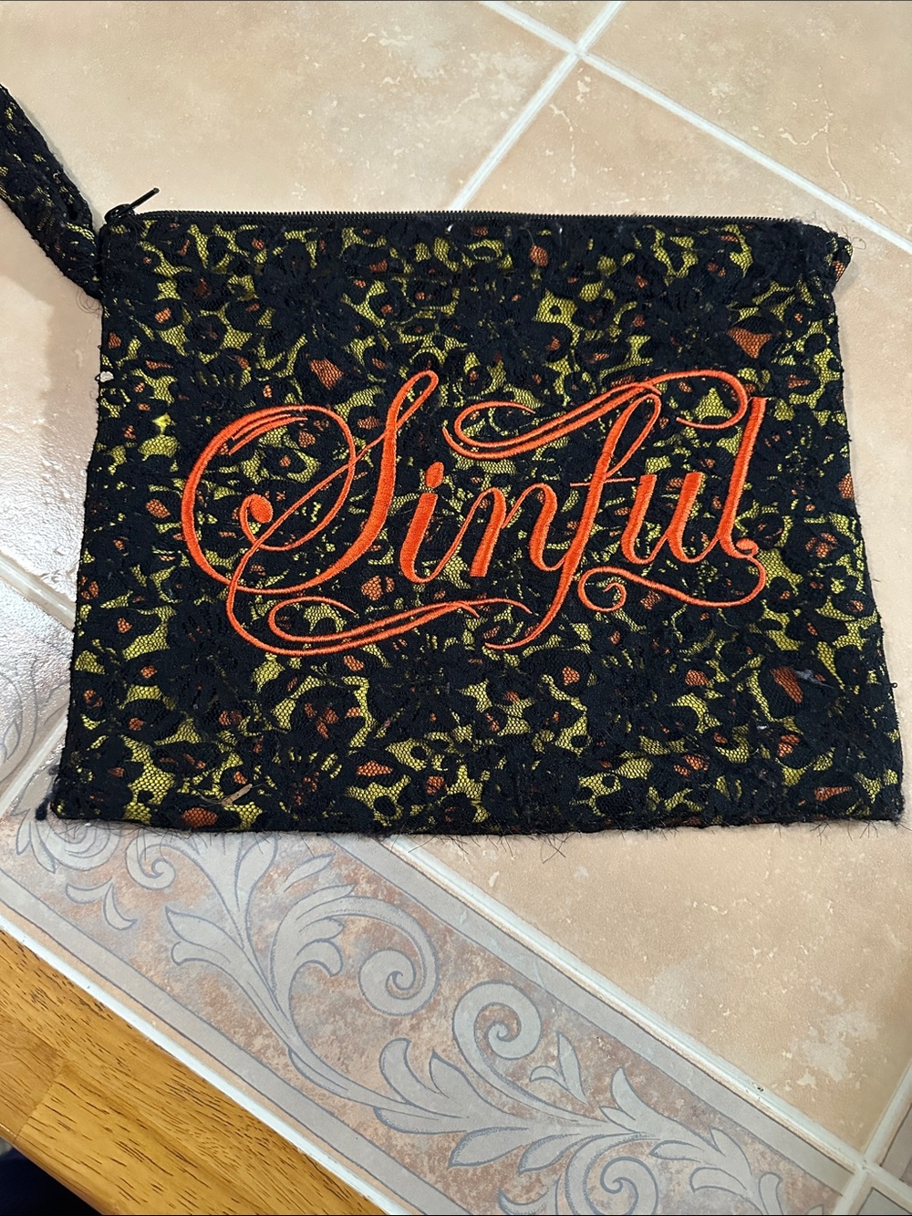 Affliction Black Lace Wristlet Clutch with Orange Script